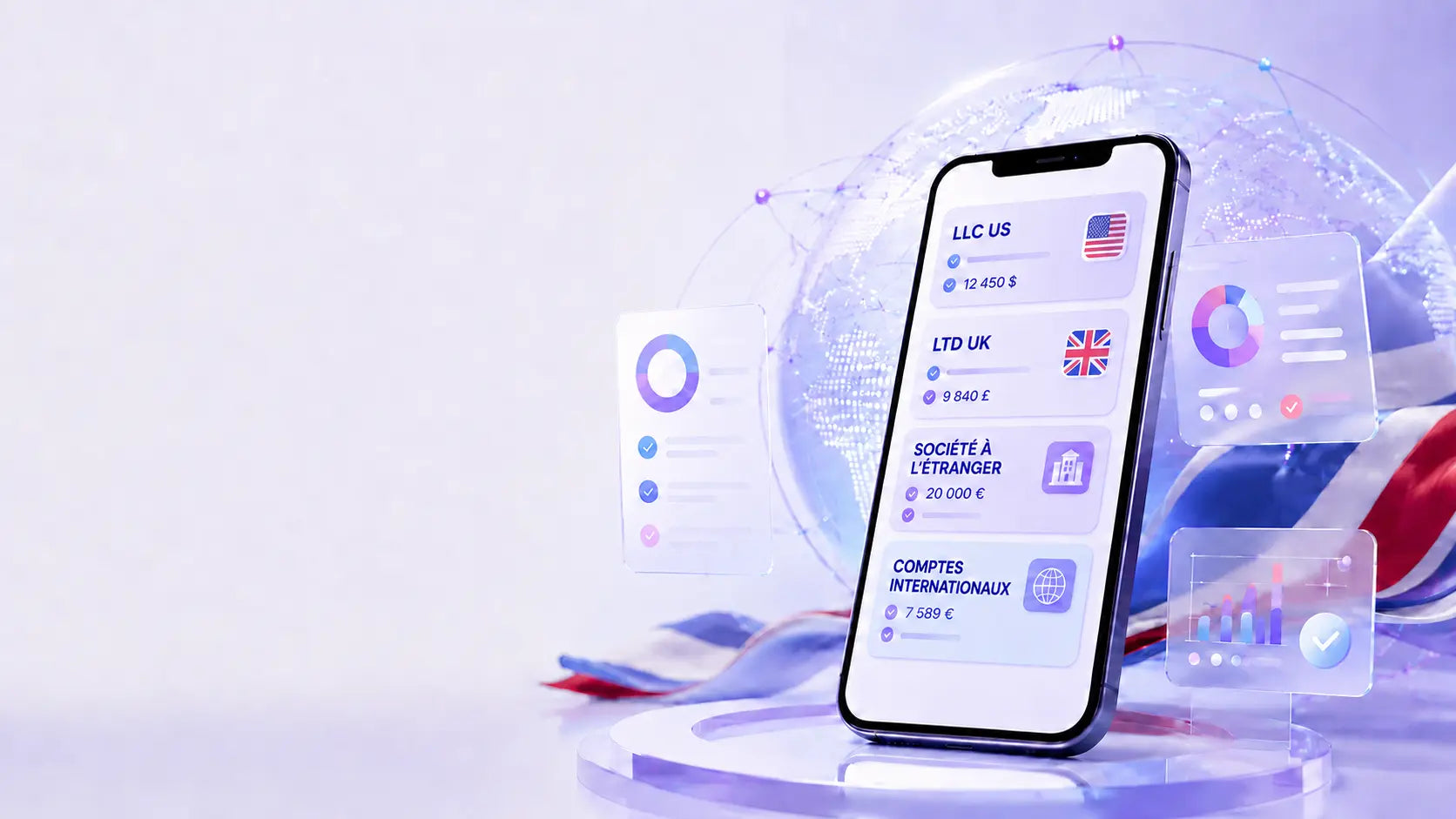 Téléphone présentant les thèmes LLC US, LTD UK, société à l’étranger et comptes internationaux — visuel illustratif