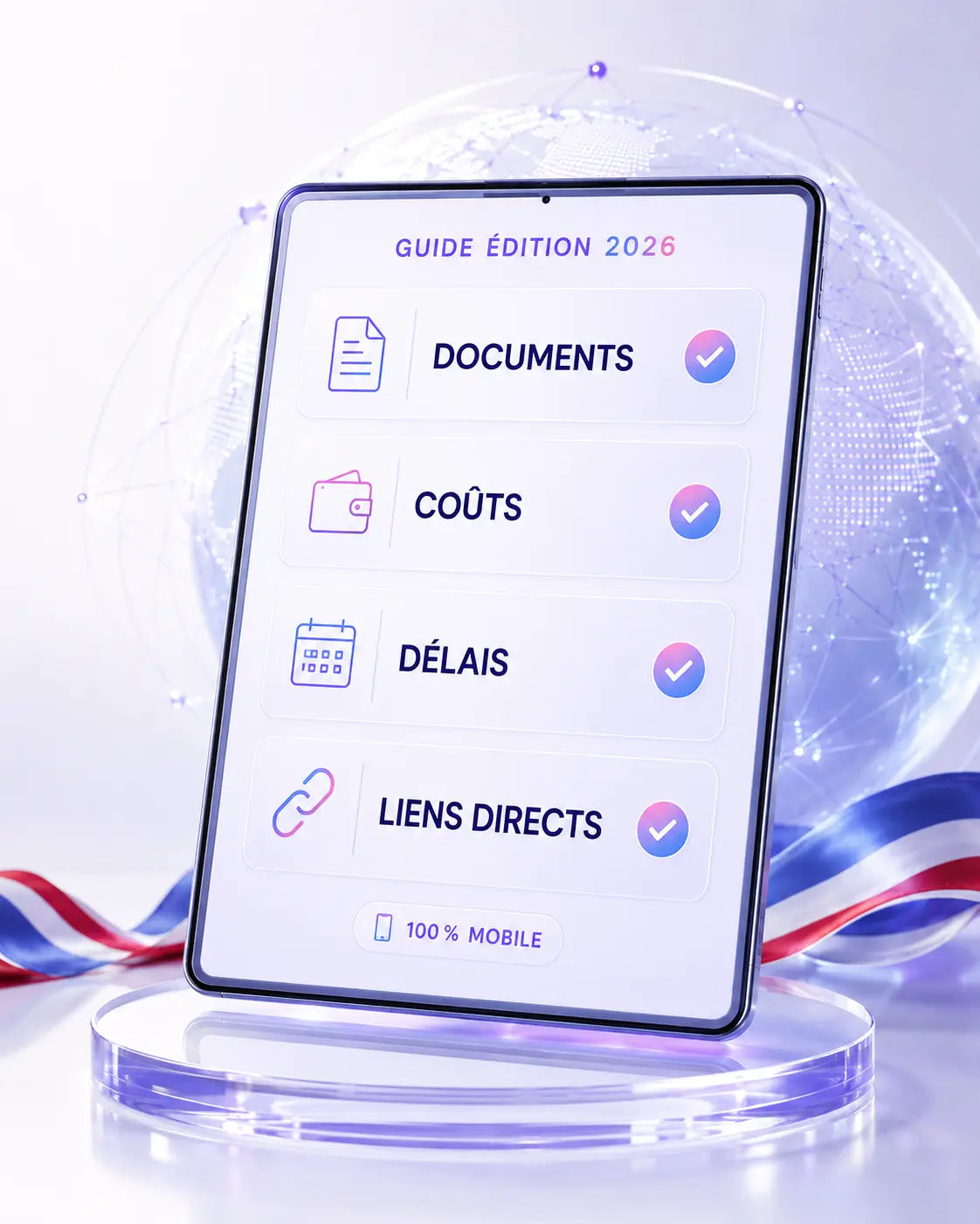 Aperçu du guide avec les documents, coûts, délais et liens directs